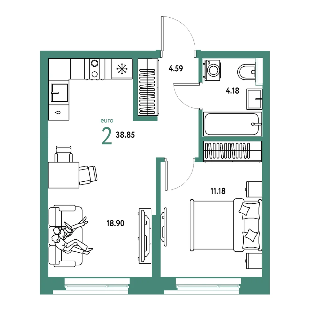 Планировка: Остров-сад 2-комнатная 38,85м²