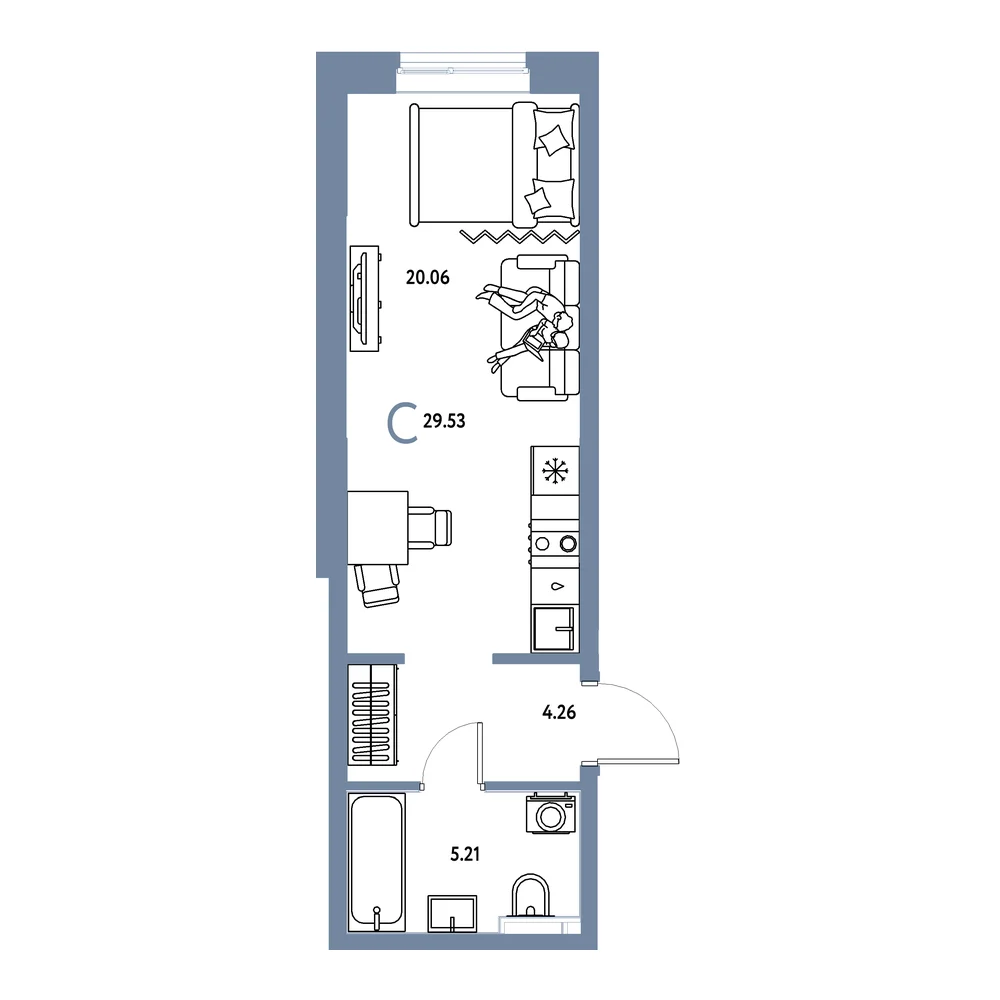 Планировка: Остров-сад Студия 29,53м²