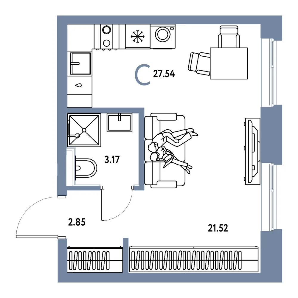 Планировка: Остров-сад Студия 27,54м²