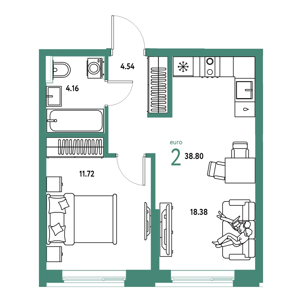 Планировка: Остров-сад 2-комнатная 38,80м²