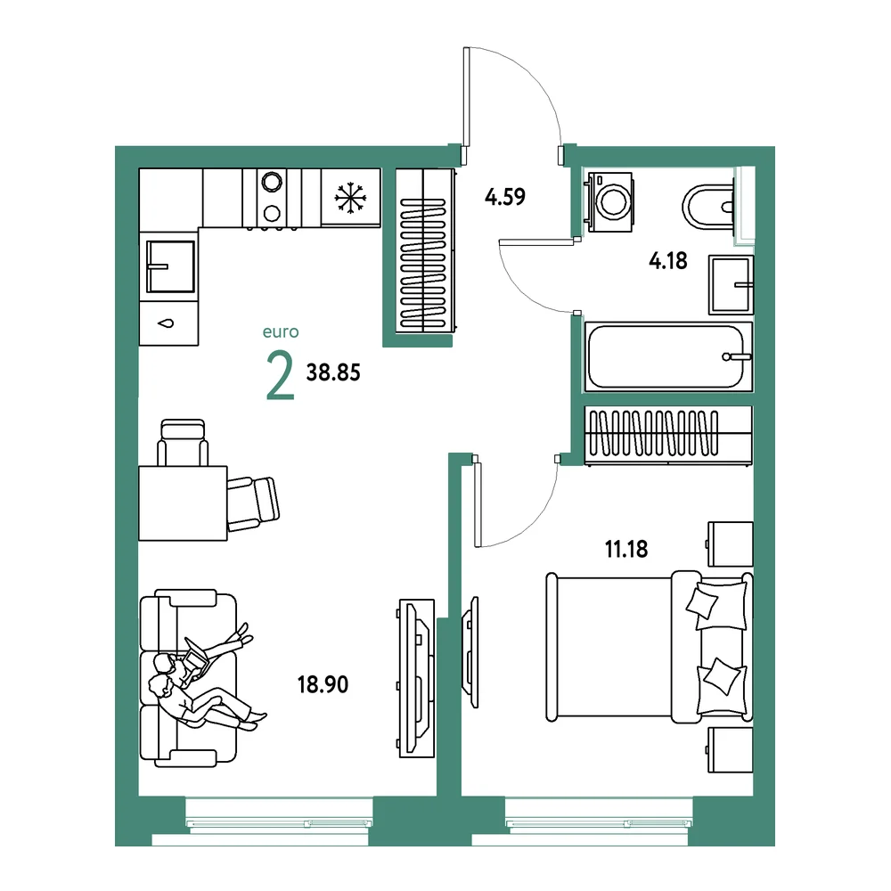 Планировка: Остров-сад 2-комнатная 38,85м²