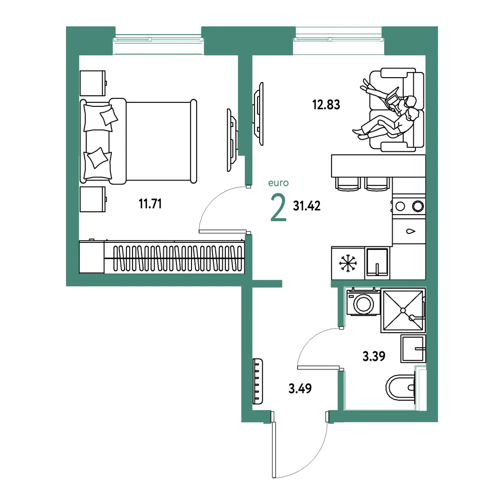 Планировка: Остров-сад 2-комнатная 31,42м²