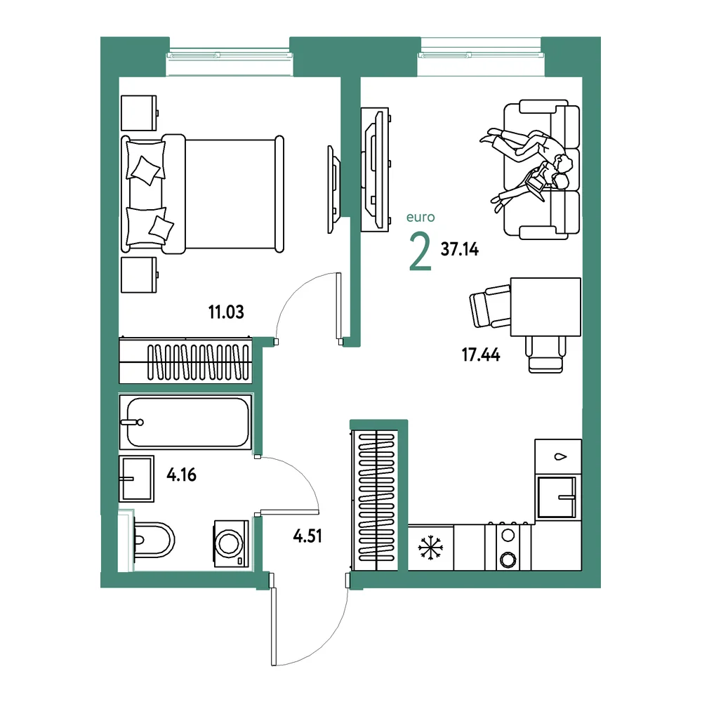 Планировка: Остров-сад 2-комнатная 37,14м²