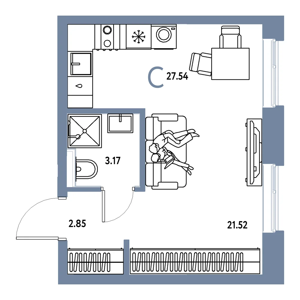 Планировка: Остров-сад Студия 27,54м²