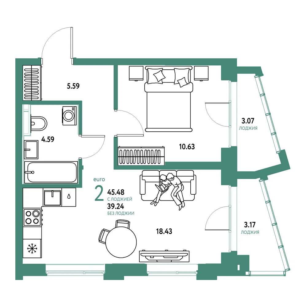 Планировка: Остров-сад 2-комнатная 45,48м²