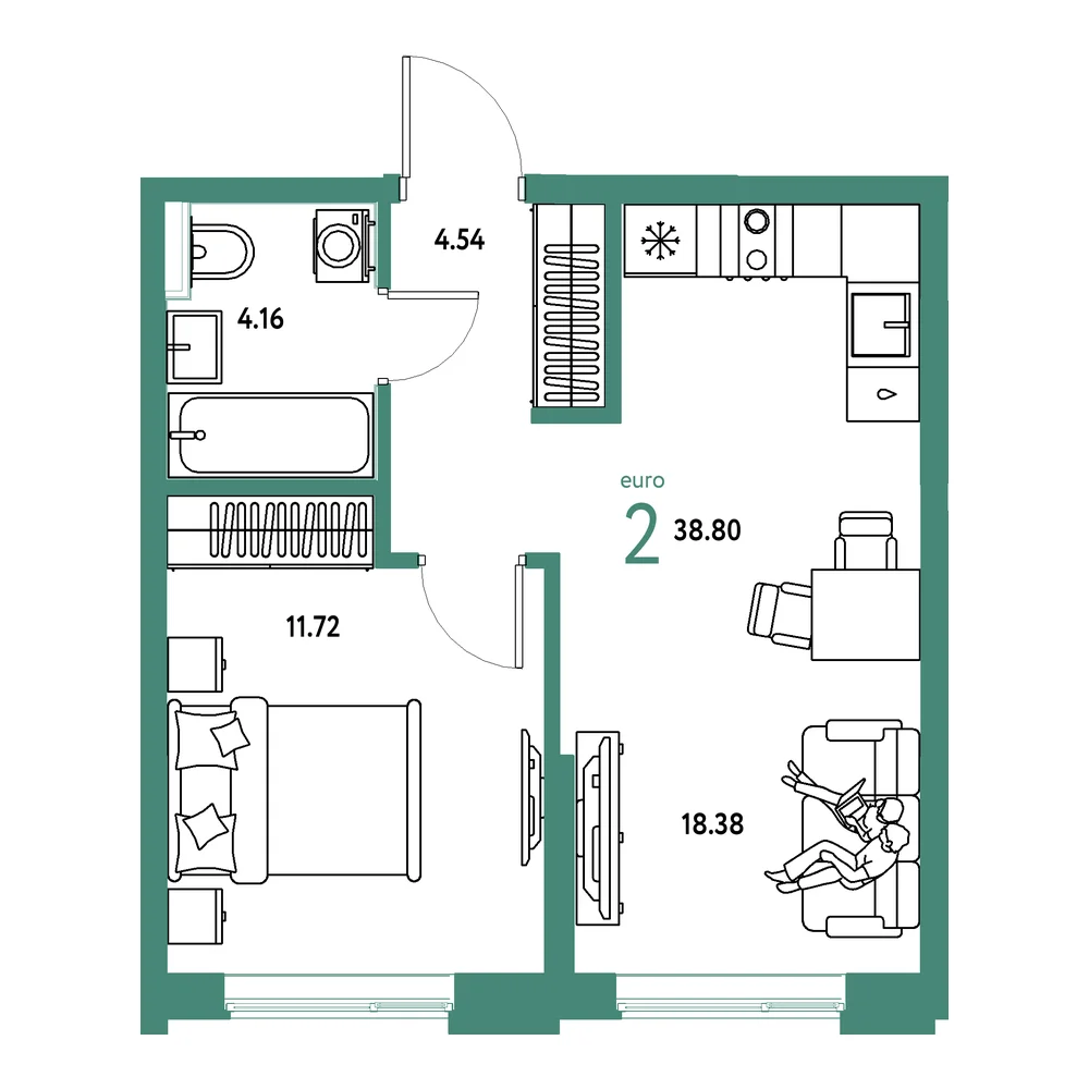 Планировка: Остров-сад 2-комнатная 38,80м²