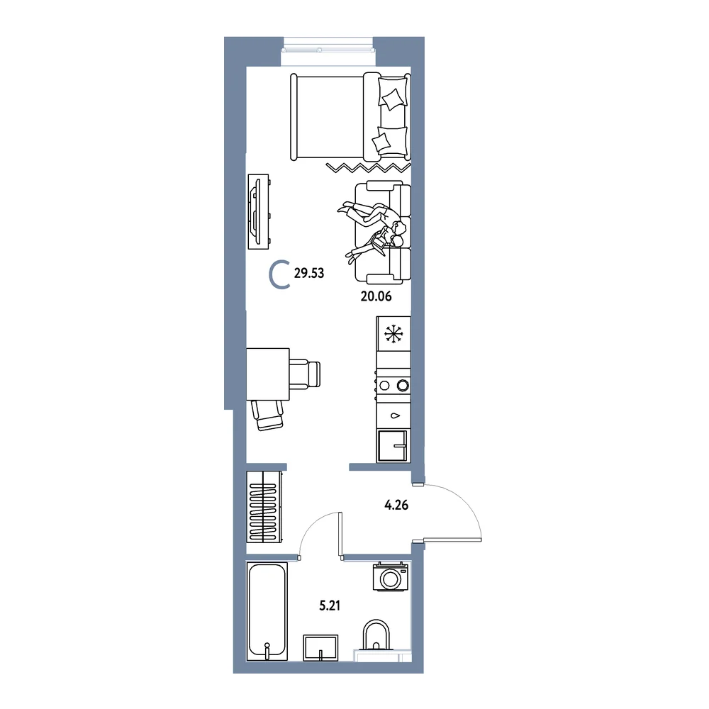 Планировка: Остров-сад Студия 29,53м²