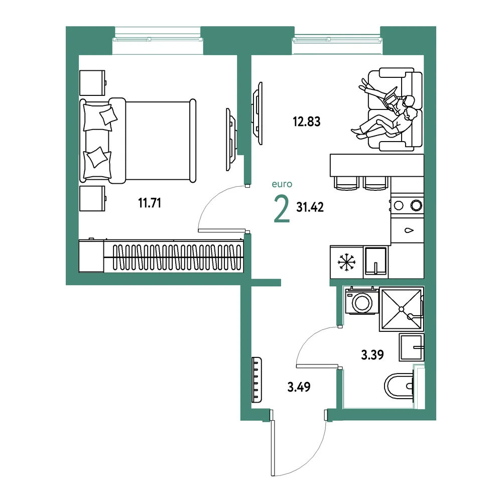 Планировка: Остров-сад 2-комнатная 31,42м²