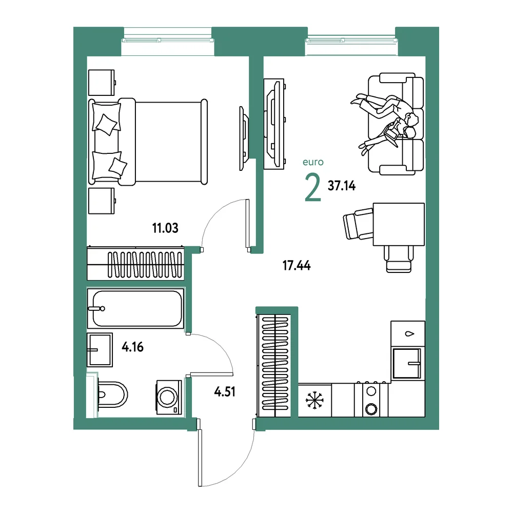 Планировка: Остров-сад 2-комнатная 37,14м²