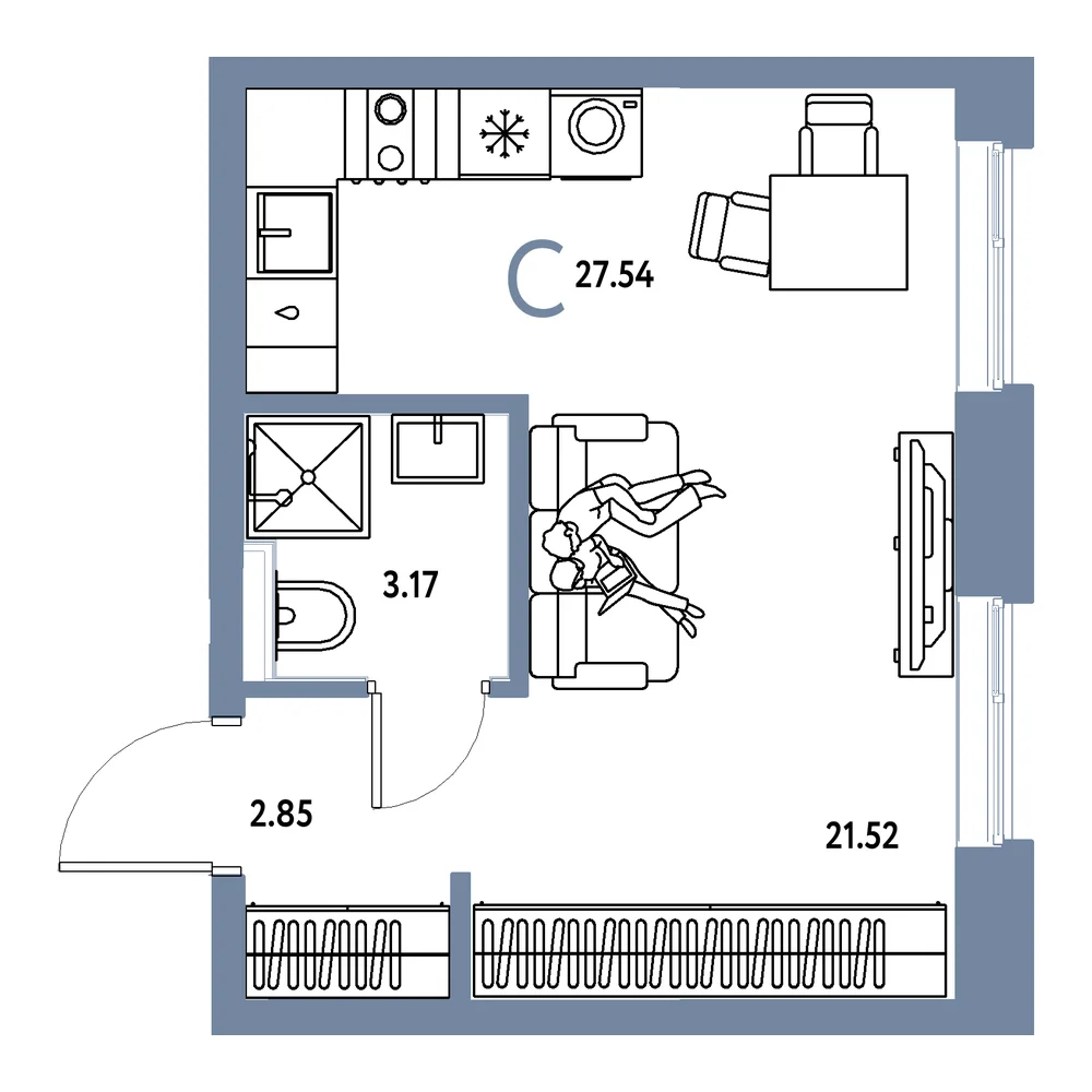 Планировка: Остров-сад Студия 27,54м²