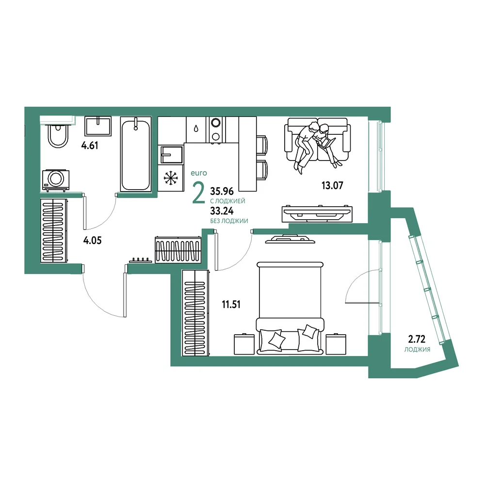 Планировка: Остров-сад 2-комнатная 35,96м²