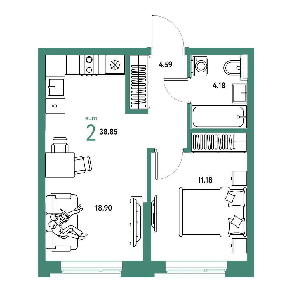 Планировка: Остров-сад 2-комнатная 38,85м²