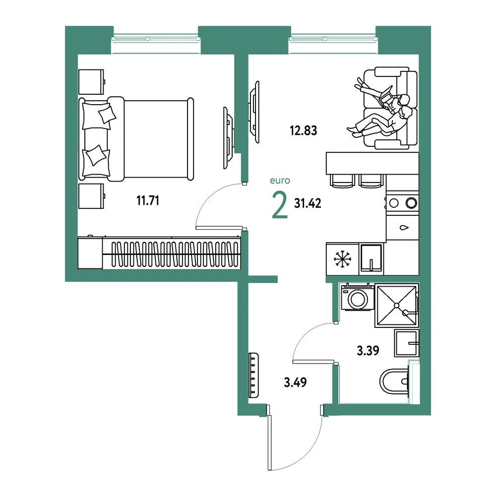Планировка: Остров-сад 2-комнатная 31,42м²