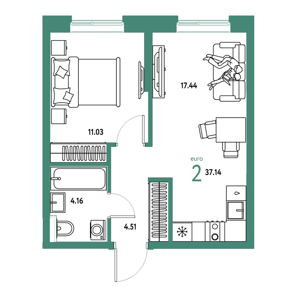 Планировка: Остров-сад 2-комнатная 37,14м²