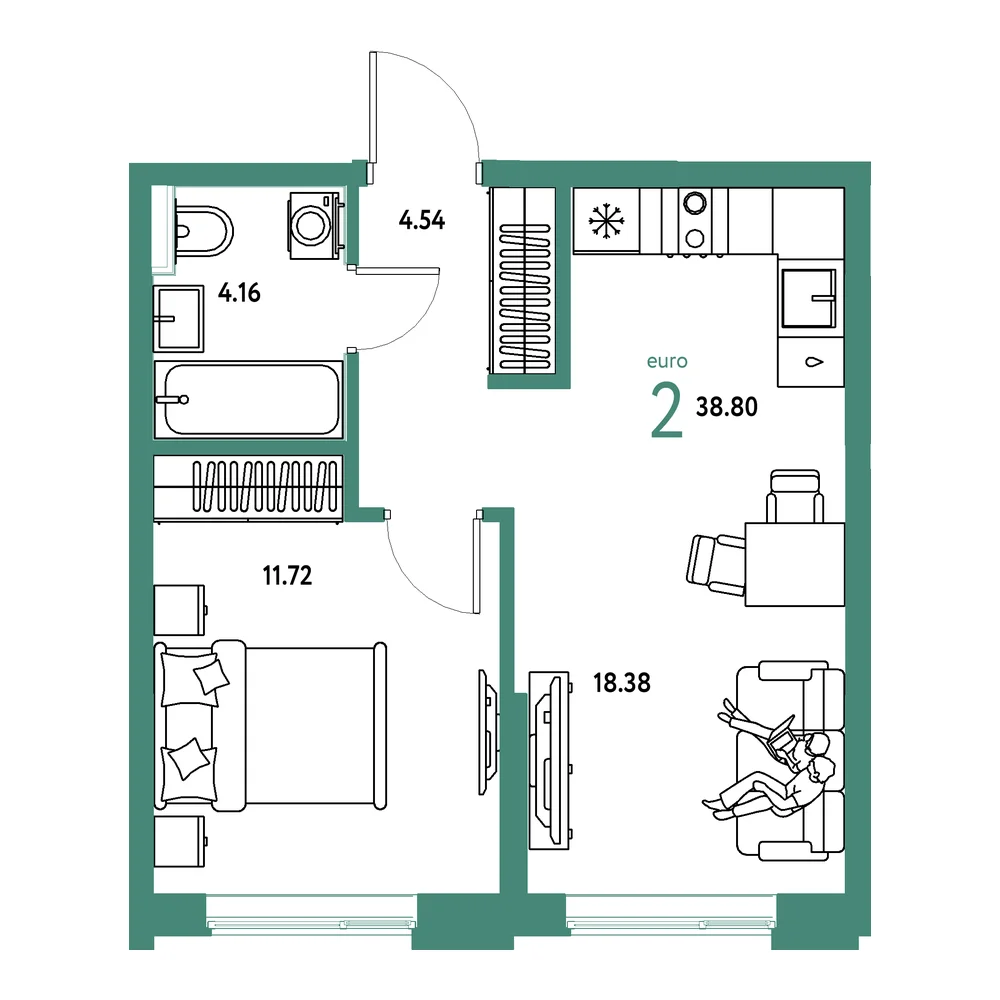 Планировка: Остров-сад 2-комнатная 38,80м²