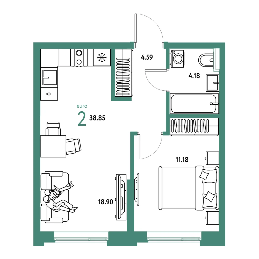 Планировка: Остров-сад 2-комнатная 38,85м²