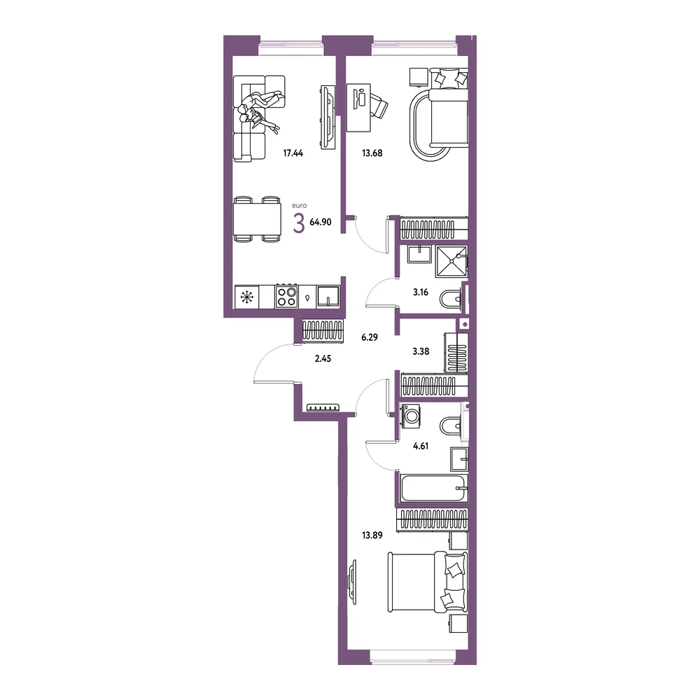 Планировка: Остров-сад 3-комнатная 64,90м²