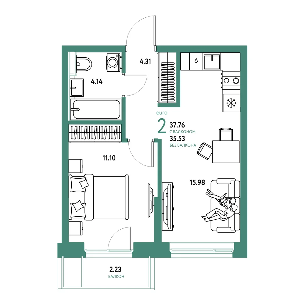 Планировка: Остров-сад 2-комнатная 37,76м²