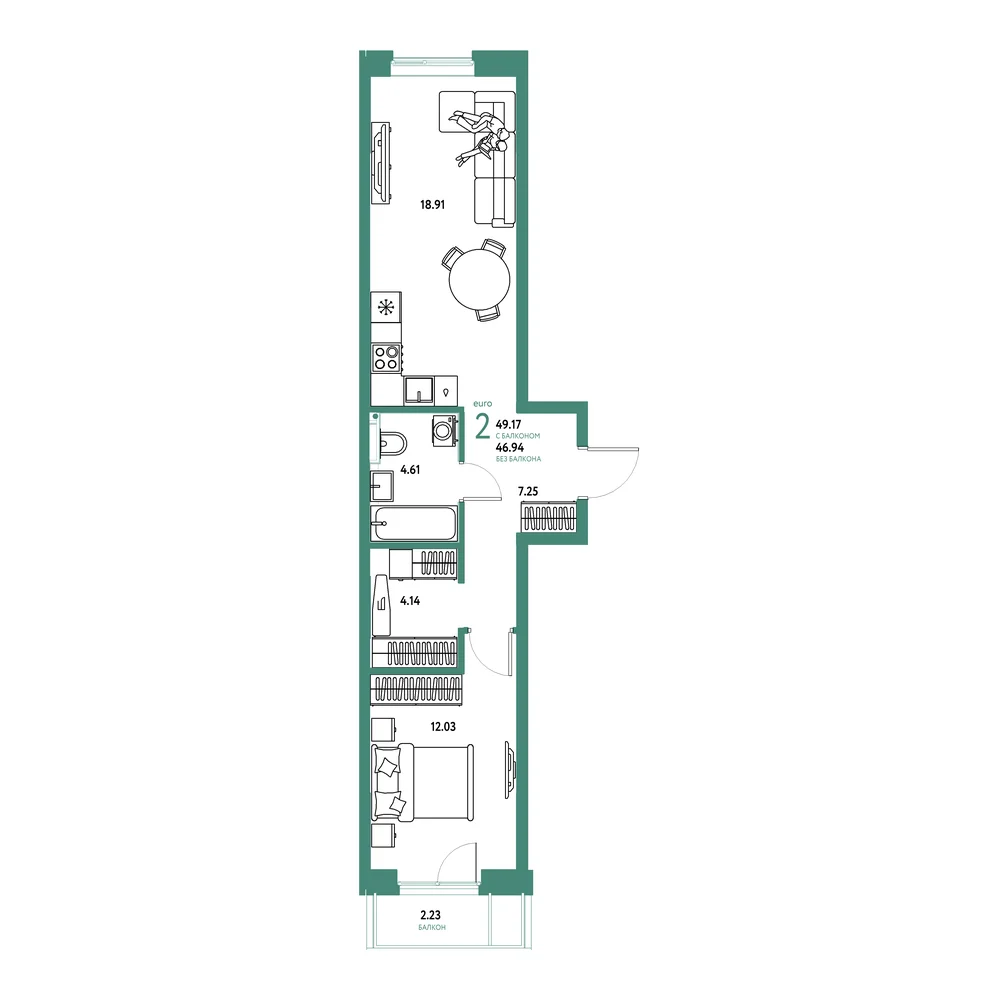 Планировка: Остров-сад 2-комнатная 49,17м²