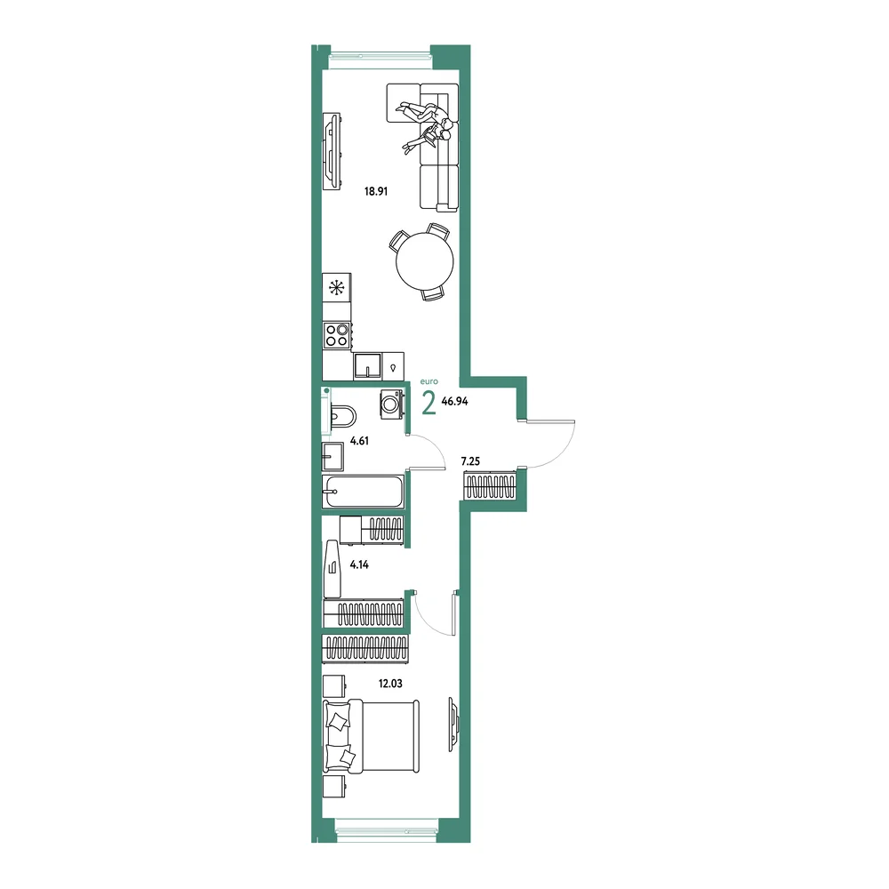 Планировка: Остров-сад 2-комнатная 46,94м²