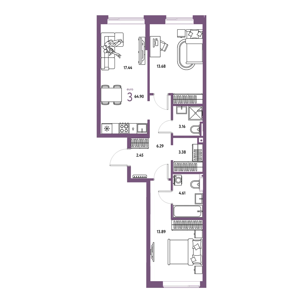 Планировка: Остров-сад 3-комнатная 64,90м²