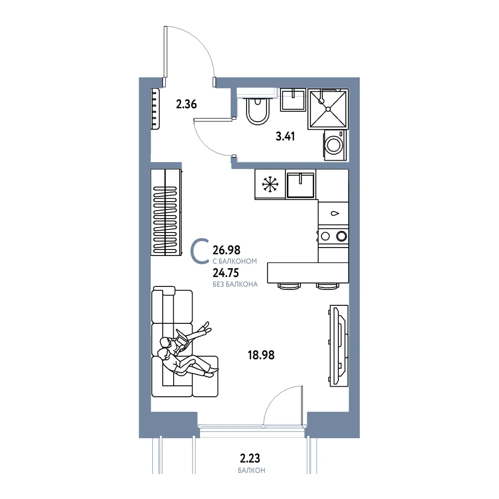 Планировка: Остров-сад Студия 26,98м²