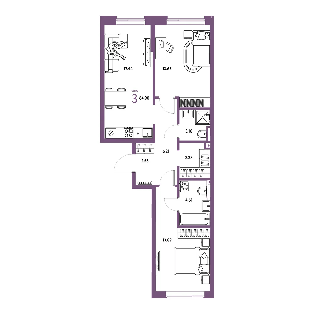 Планировка: Остров-сад 3-комнатная 64,90м²