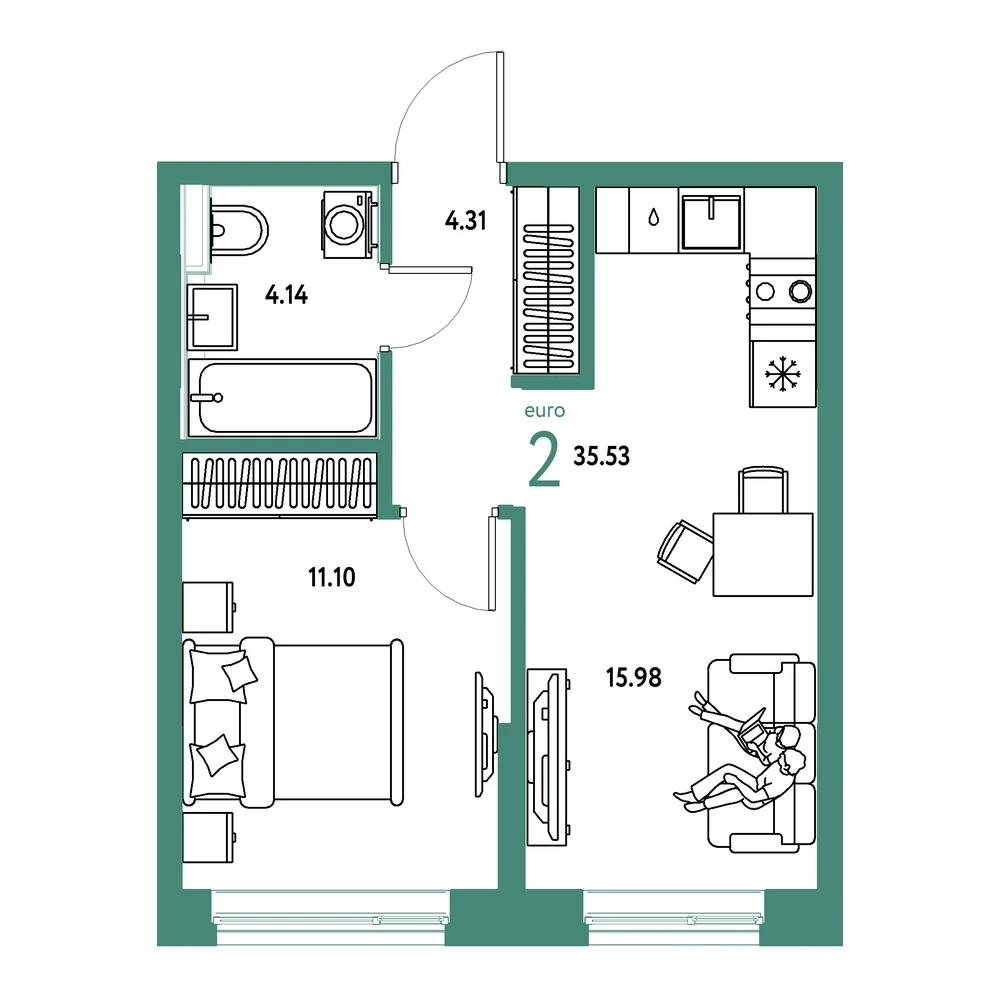 Планировка: Остров-сад 2-комнатная 35,53м²