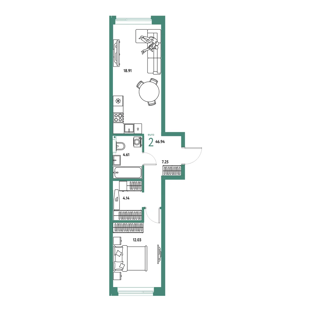Планировка: Остров-сад 2-комнатная 46,94м²