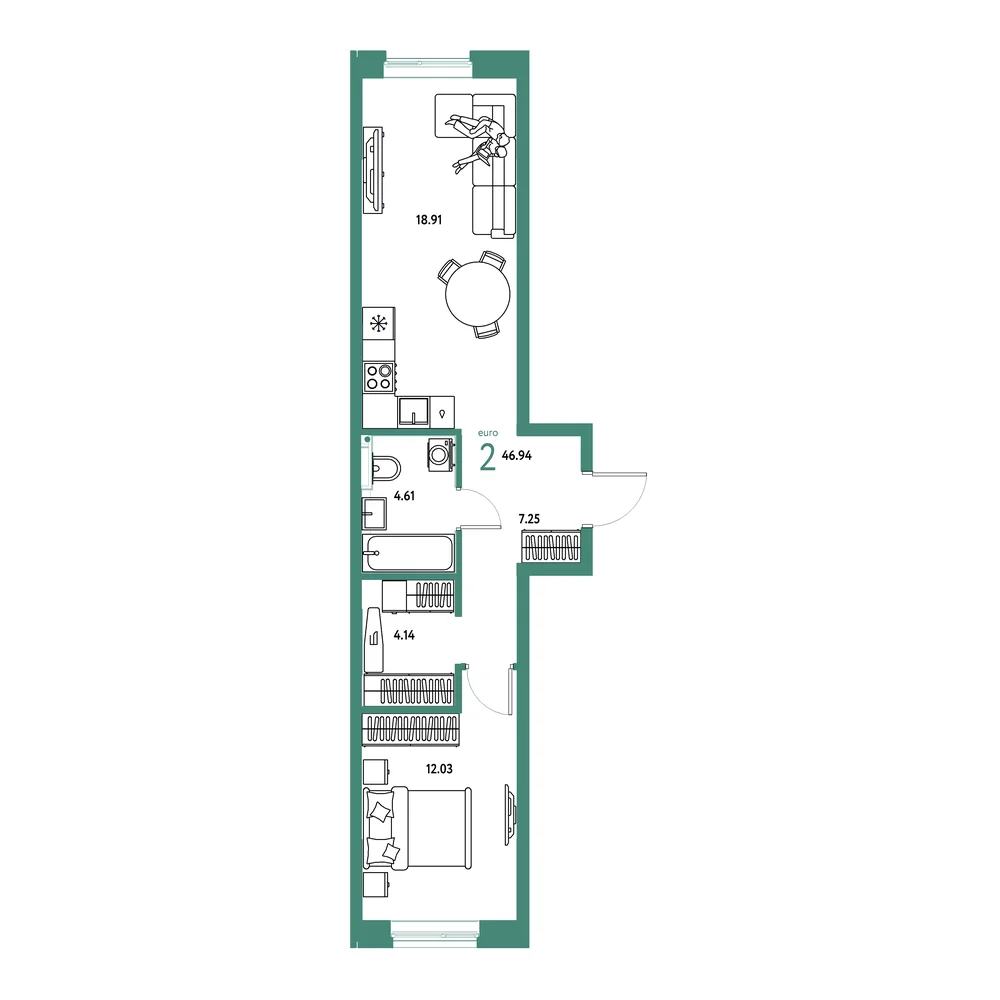 Планировка: Остров-сад 2-комнатная 46,94м²