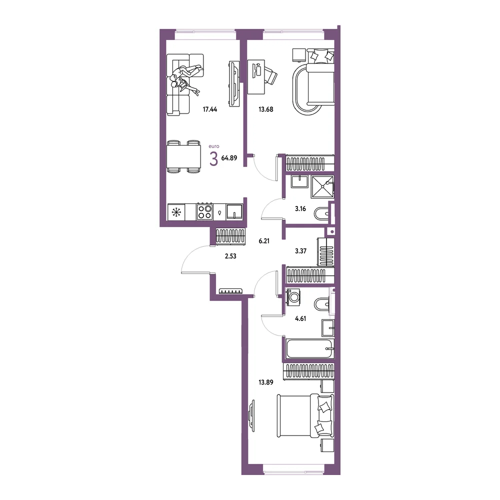 Планировка: Остров-сад 3-комнатная 64,89м²