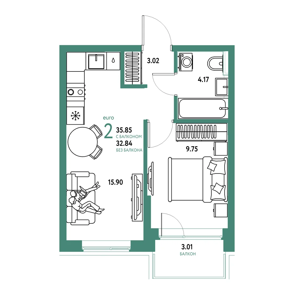 Планировка: Остров-сад 2-комнатная 35,85м²