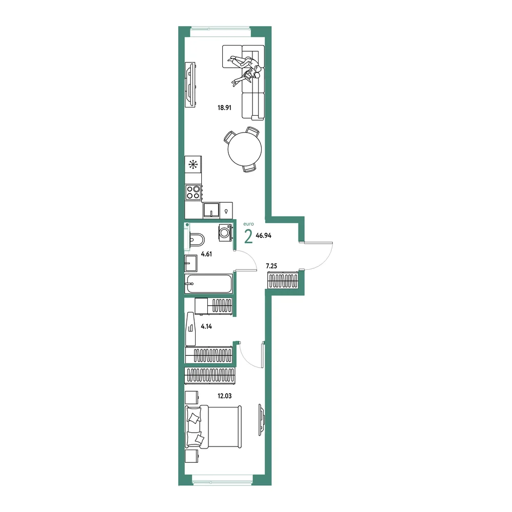 Планировка: Остров-сад 2-комнатная 46,94м²