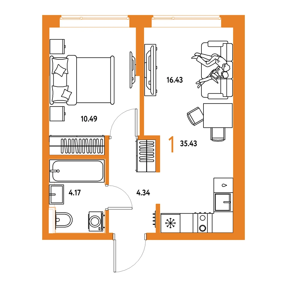 Планировка: Остров-сад 1-комнатная 35,43м²