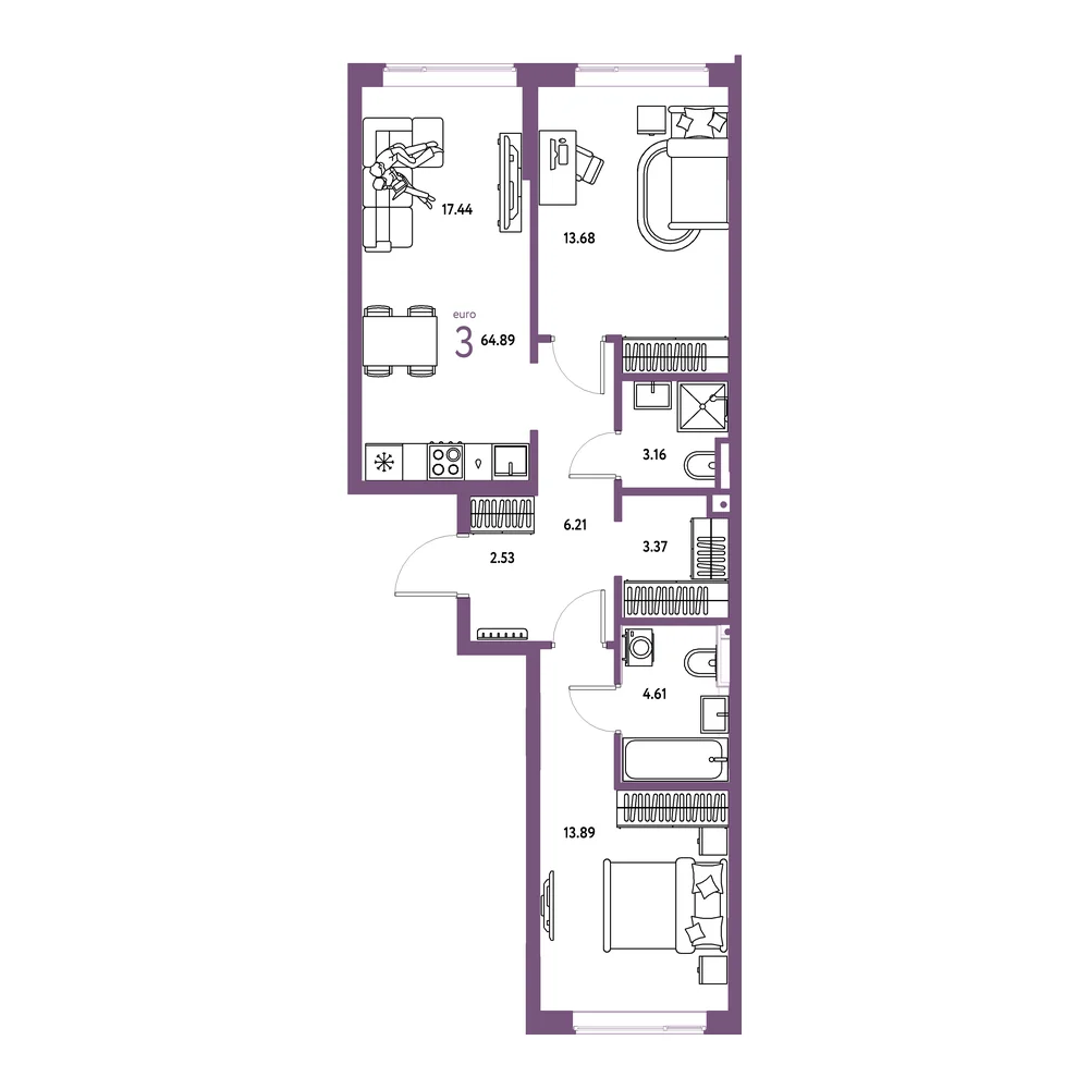 Планировка: Остров-сад 3-комнатная 64,89м²