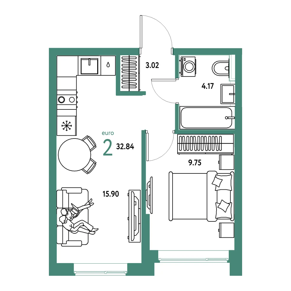 Планировка: Остров-сад 2-комнатная 32,84м²