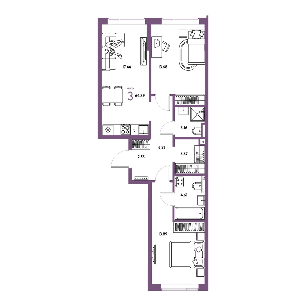 Планировка: Остров-сад 3-комнатная 64,89м²