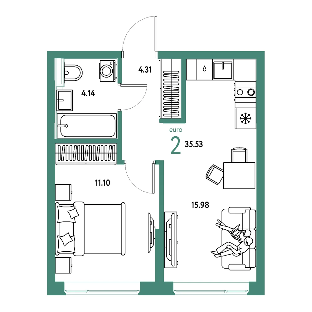 Планировка: Остров-сад 2-комнатная 35,53м²