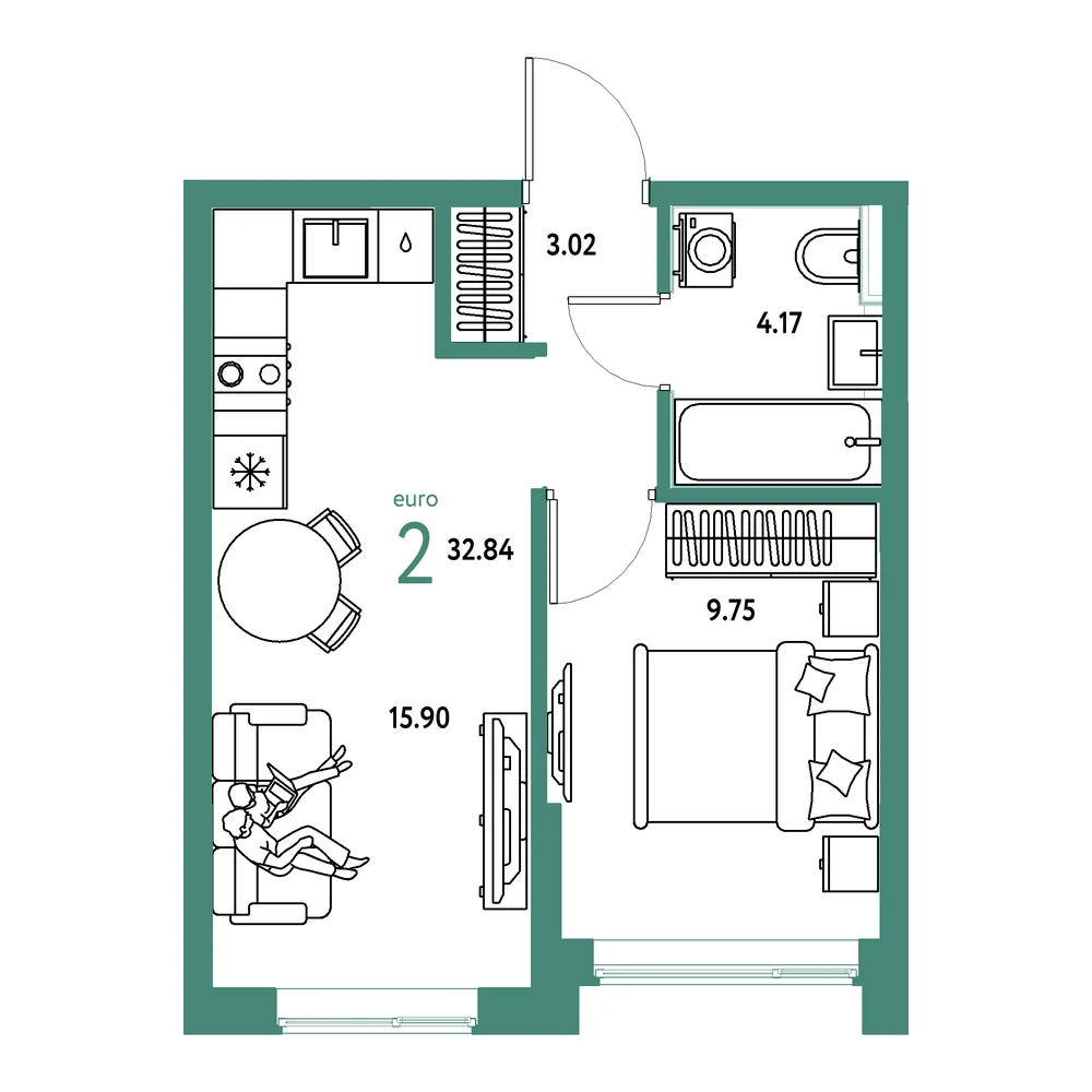 Планировка: Остров-сад 2-комнатная 32,84м²