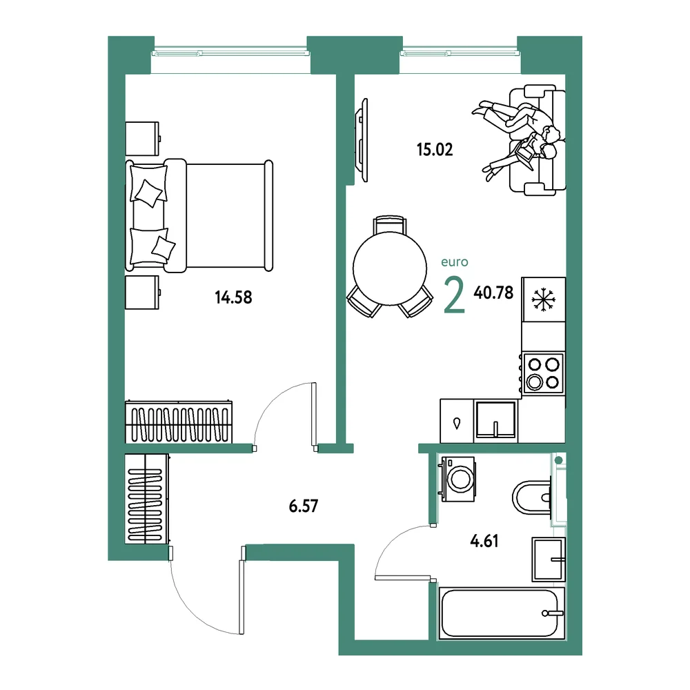 Планировка: Остров-сад 2-комнатная 40,78м²