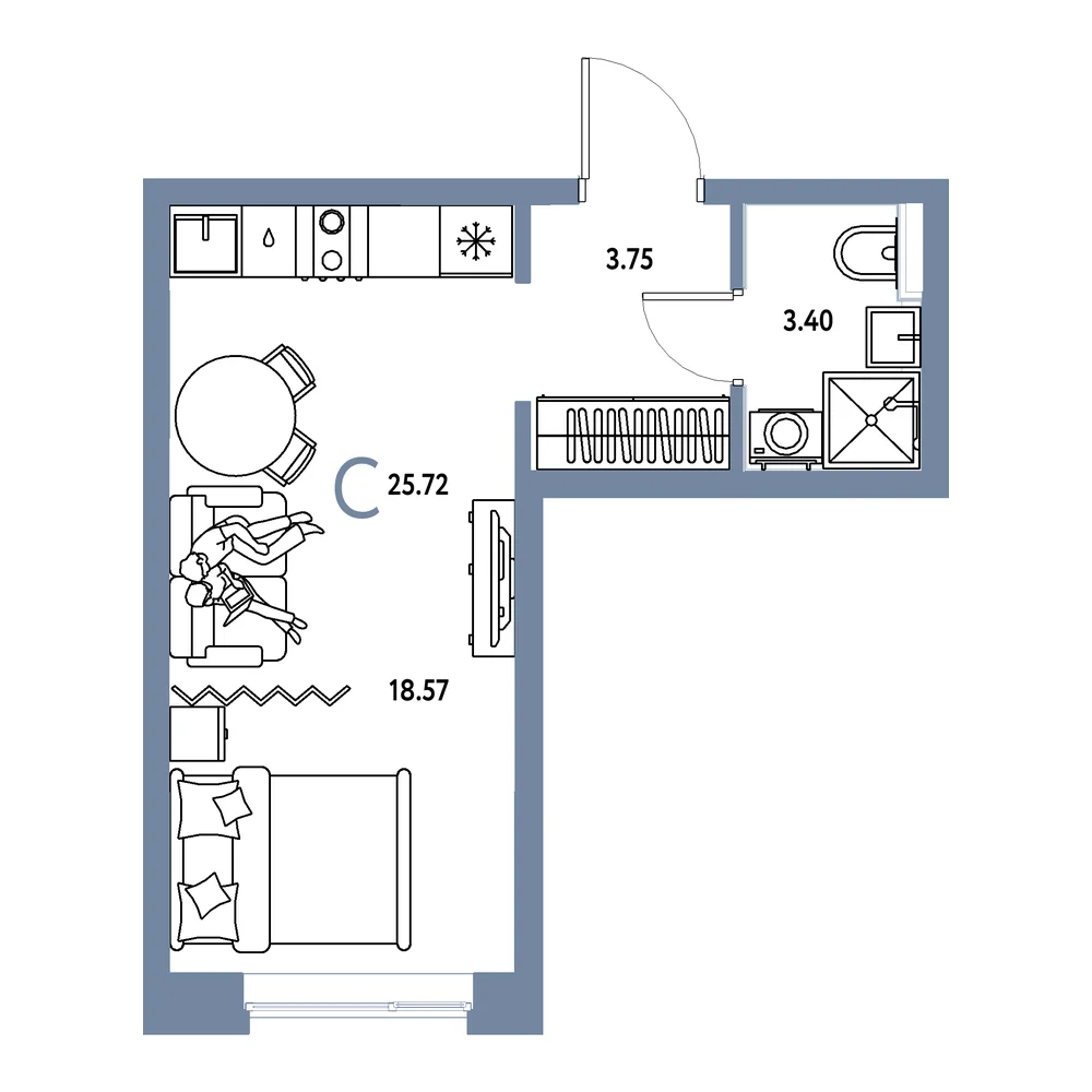 Планировка: Остров-сад Студия 25,72м²