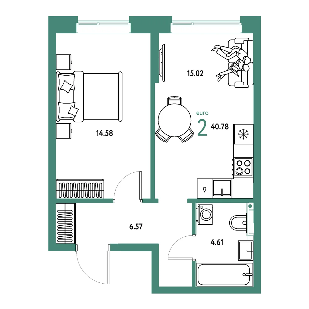 Планировка: Остров-сад 2-комнатная 40,78м²