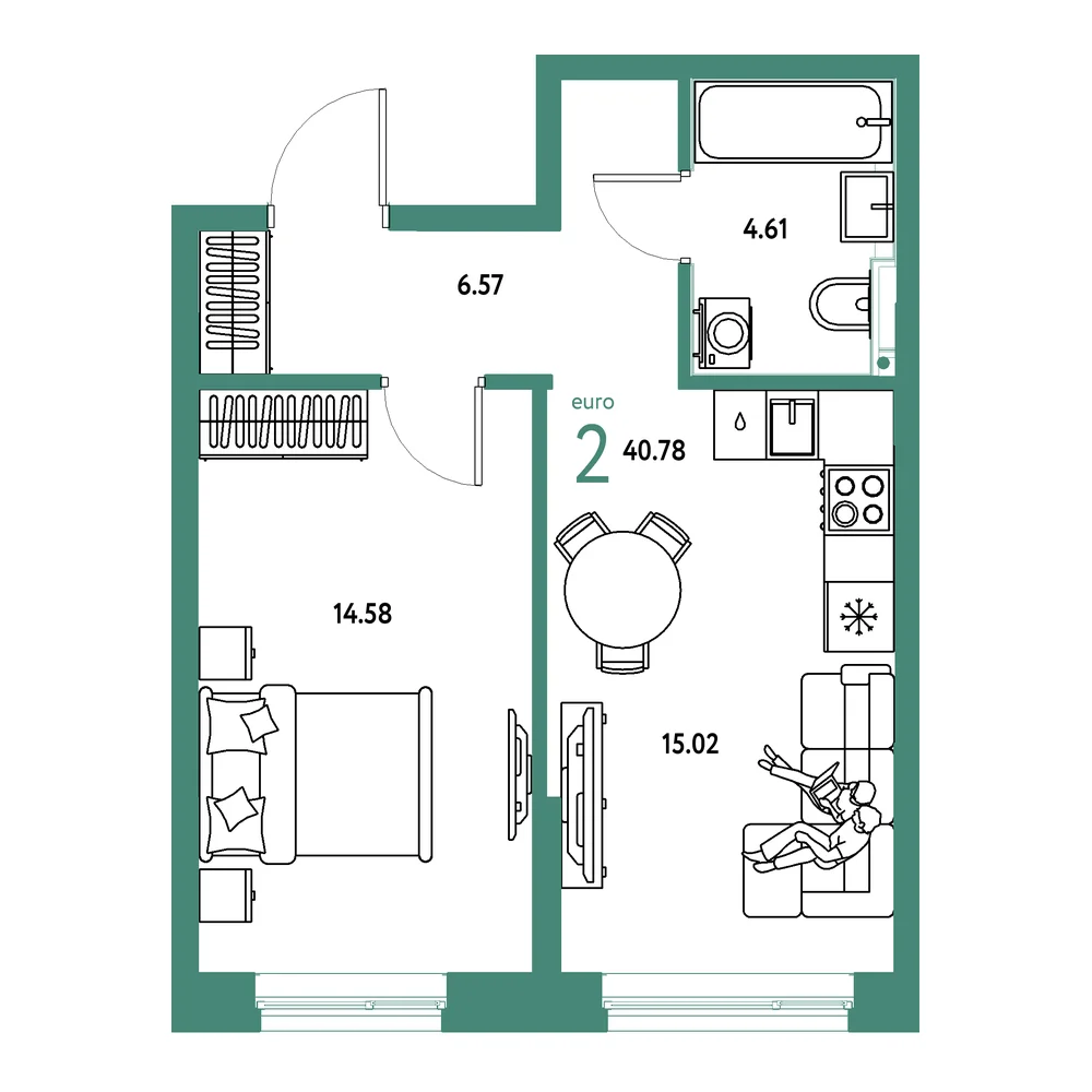 Планировка: Остров-сад 2-комнатная 40,78м²