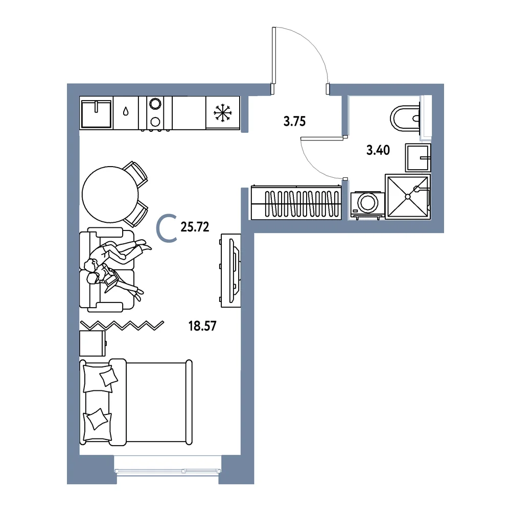 Планировка: Остров-сад Студия 25,72м²