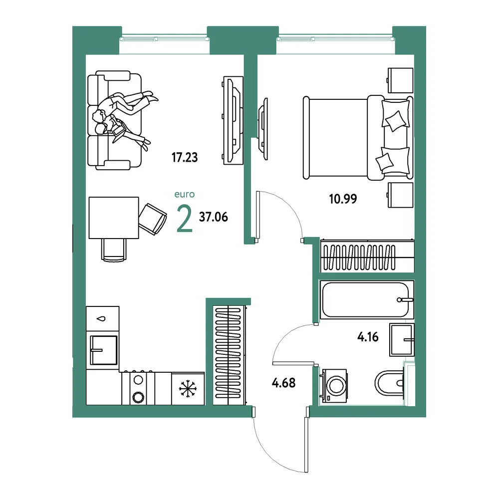 Планировка: Остров-сад 2-комнатная 37,06м²