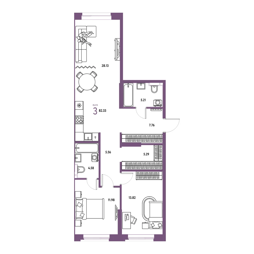 Планировка: Остров-сад 3-комнатная 82,33м²