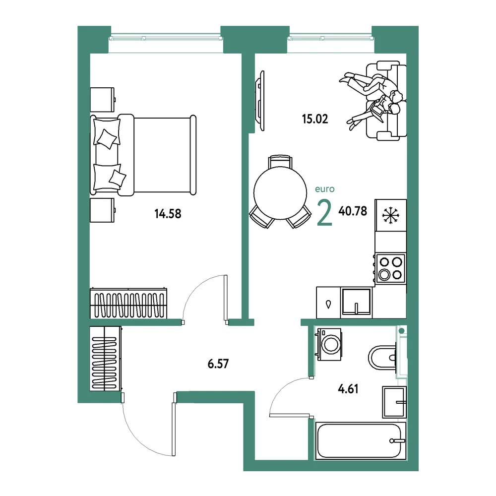 Планировка: Остров-сад 2-комнатная 40,78м²