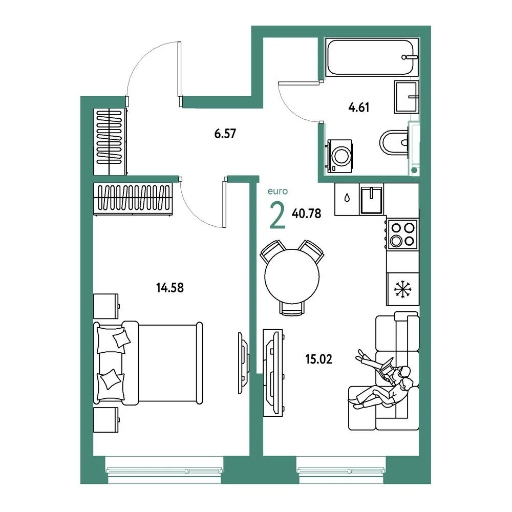 Планировка: Остров-сад 2-комнатная 40,78м²