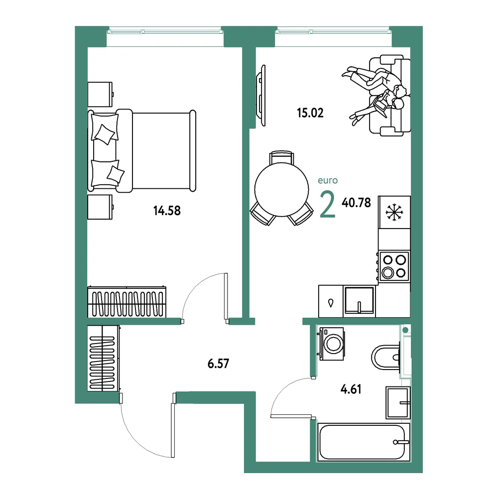 Планировка: Остров-сад 2-комнатная 40,78м²