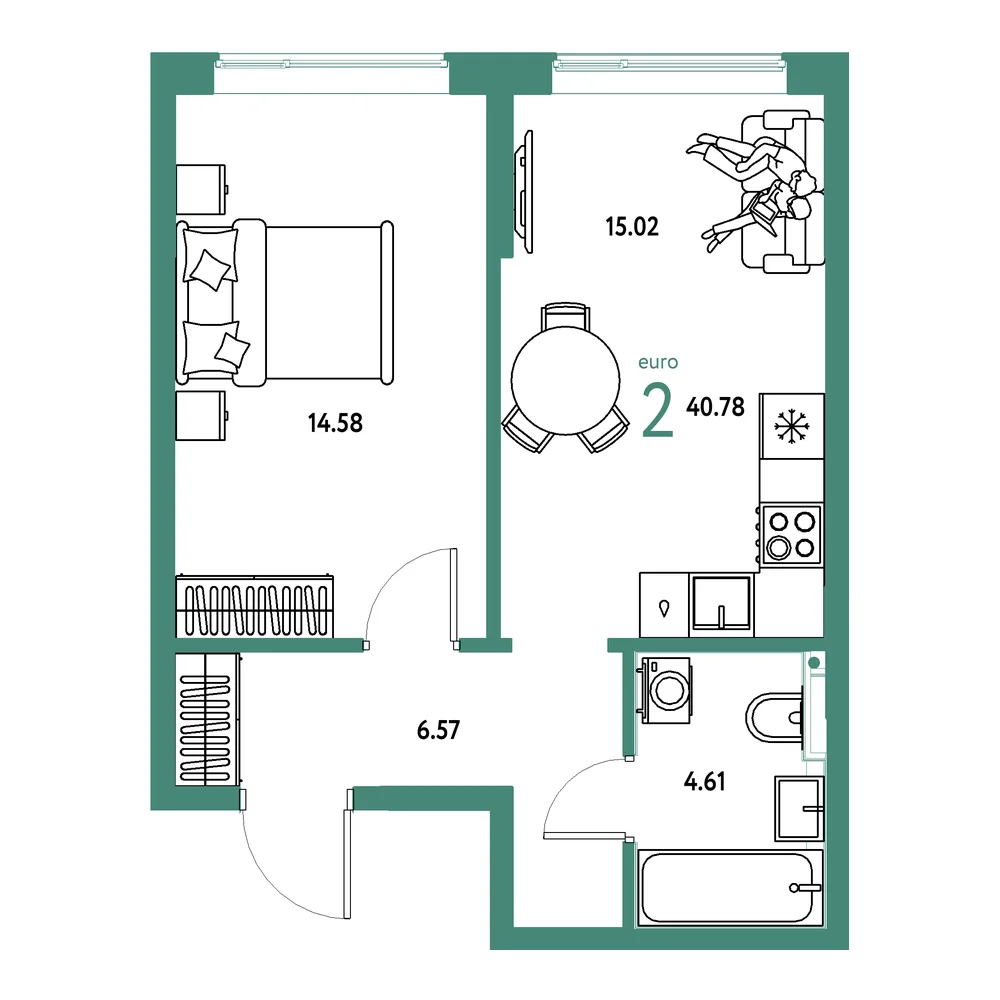 Планировка: Остров-сад 2-комнатная 40,78м²